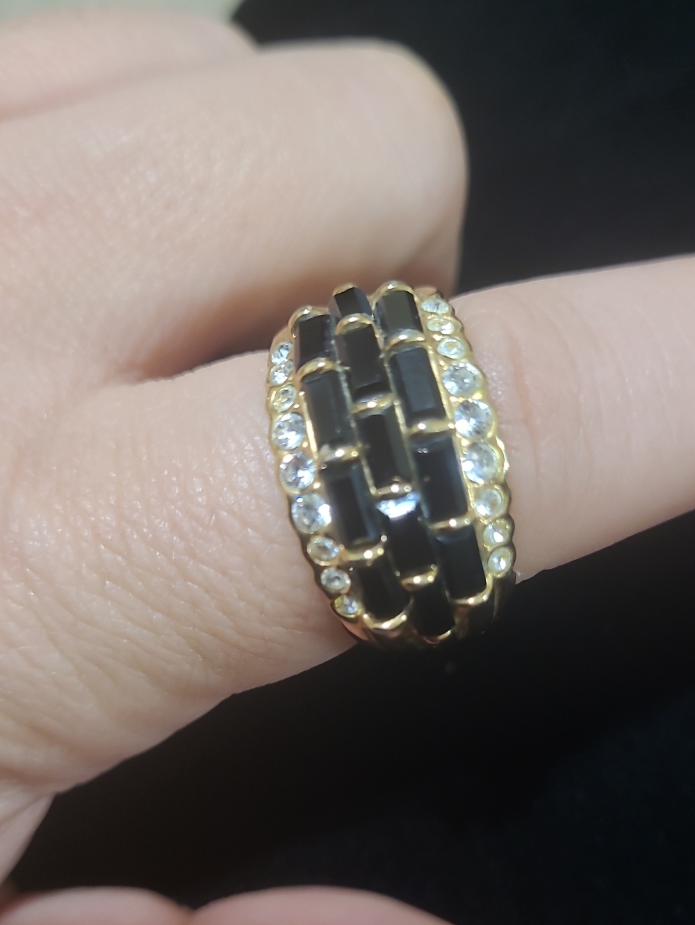 Gold-Tone Black Enamel & Crystal Statement Ring